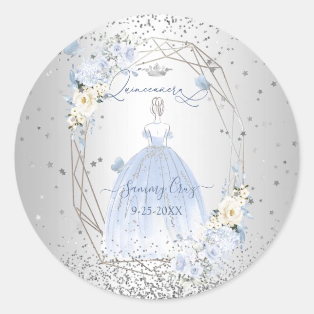 PixDezines Quinceanera H2 Blume Dusty Blue Rose Runder Aufkleber (Vorderseite)