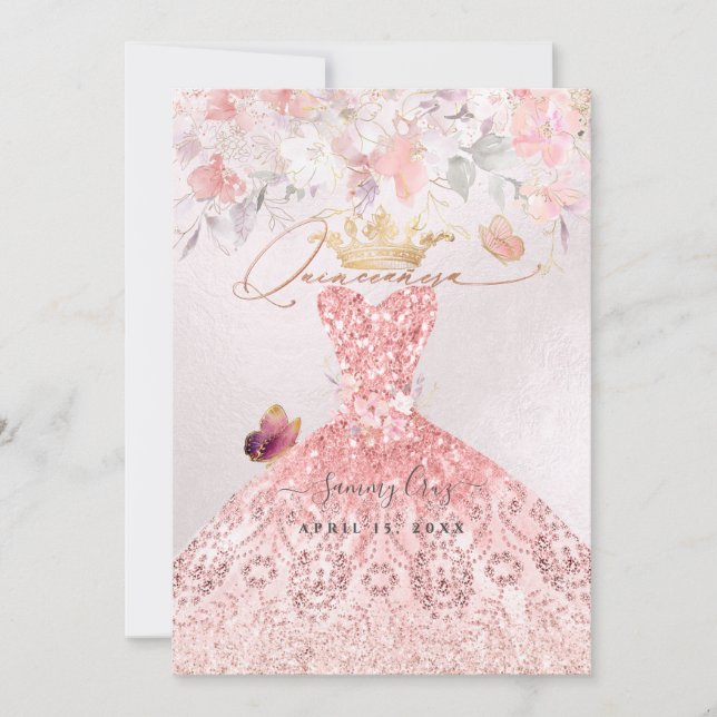 PixDezines Quinceanera H2 Blush Pink Kleid Einladung (Vorderseite)