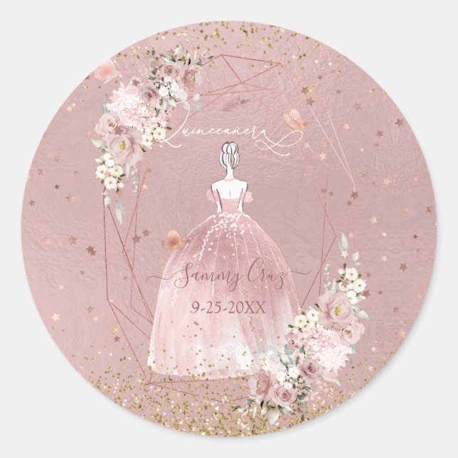 PixDezines Quinceanera H2 Rose Goldkleid Runder Aufkleber (Vorderseite)