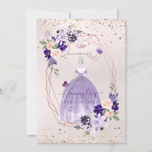 PixDezines Quinceanera Lila Rose Gold Blume I Einladung (Vorderseite)