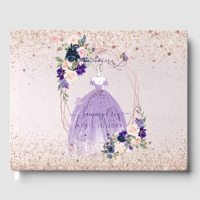 PixDezines Quinceanera Lila Rose Gold H2 Blume Gästebuch (Vorderseite)