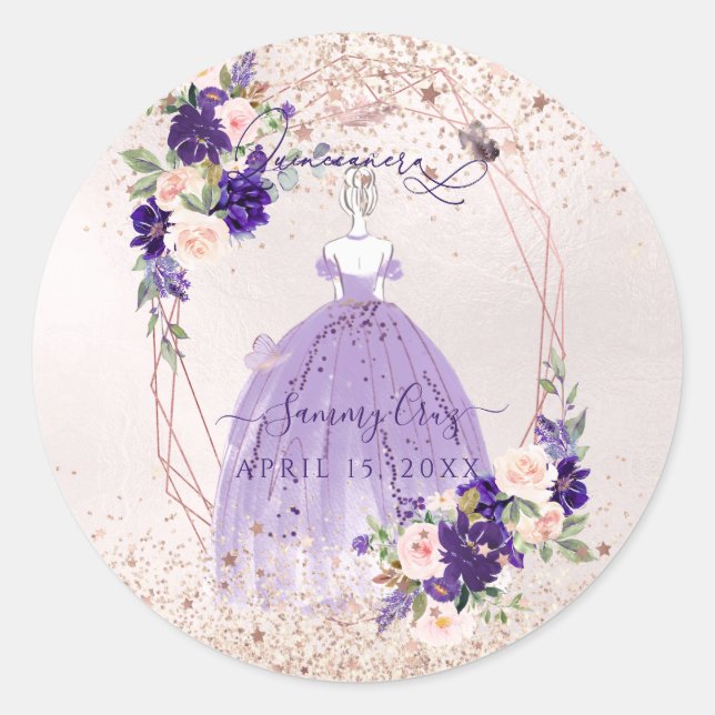 PixDezines Quinceanera Lila Rose Gold H2 Blume Runder Aufkleber (Vorderseite)