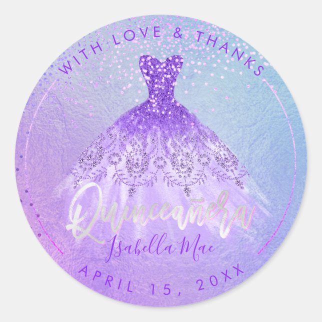 PixDezines Quinceanera Lila+Violet Gown Runder Aufkleber (Vorderseite)