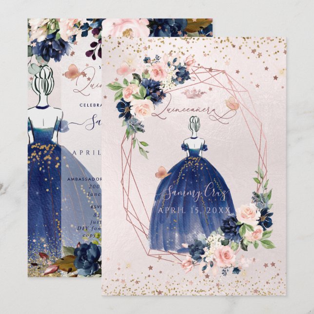 PixDezines Quinceanera Navy Rose Gold H2 Blume Einladung (Vorne/Hinten)