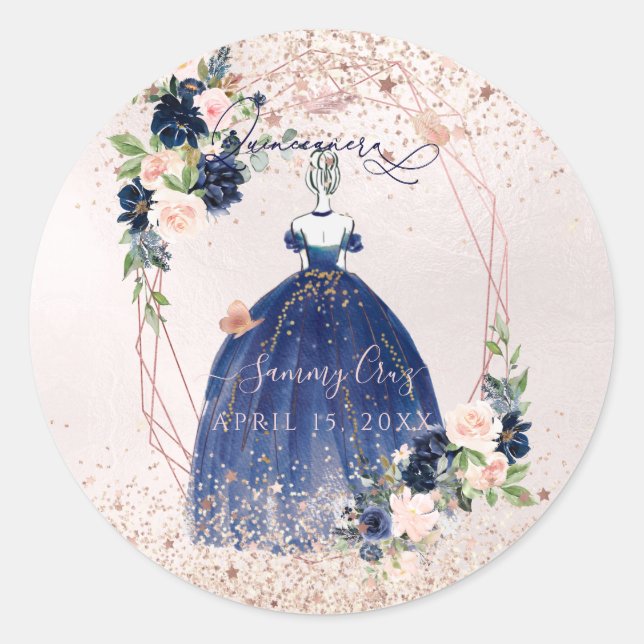 PixDezines Quinceanera Navy Rose Gold H2 Blume Runder Aufkleber (Vorderseite)