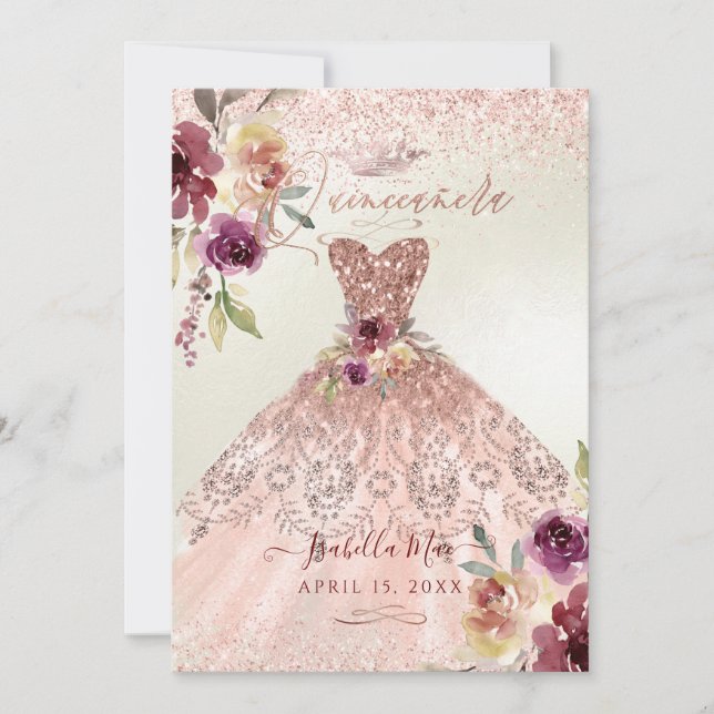 PixDezines Quinceanera Rose Gold Glitzer Gown Einladung (Vorderseite)