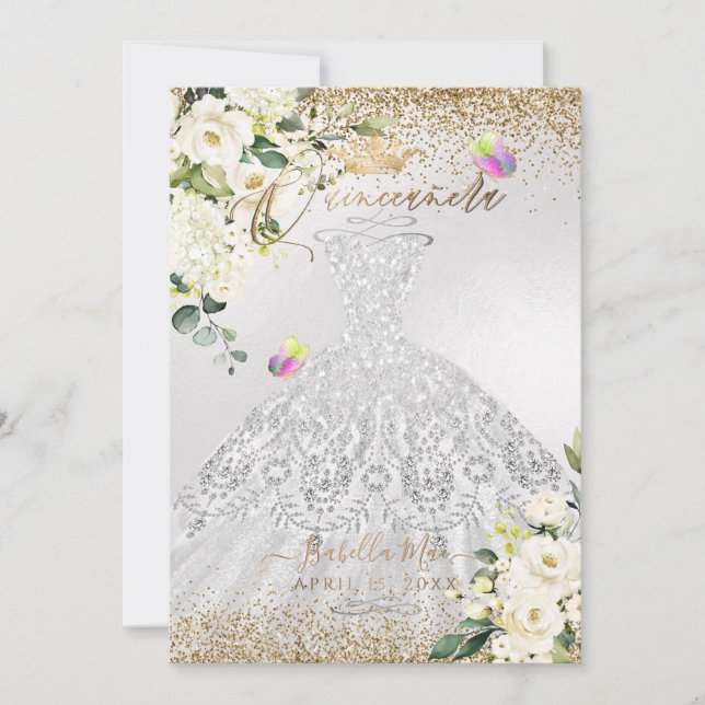PixDezines Quinceanera Silver Dress Gold Glitzer  Einladung (Vorderseite)