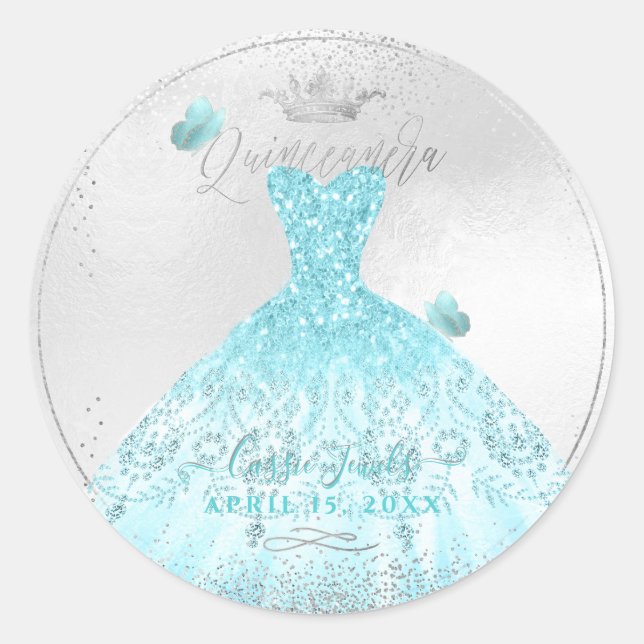 PixDezines Quinceanera Sparkle Blue Ombre Gown Runder Aufkleber (Vorderseite)