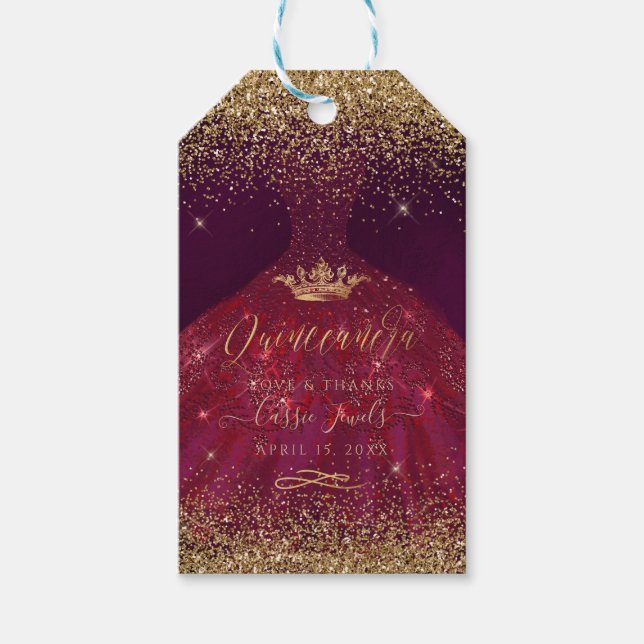 PixDezines Quinceanera Sparkle Gown, Burgund Geschenkanhänger (Vorderseite)