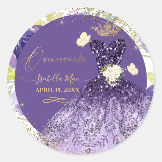 PixDezines Quinceanera Violet Lila Glitzer Gown Runder Aufkleber