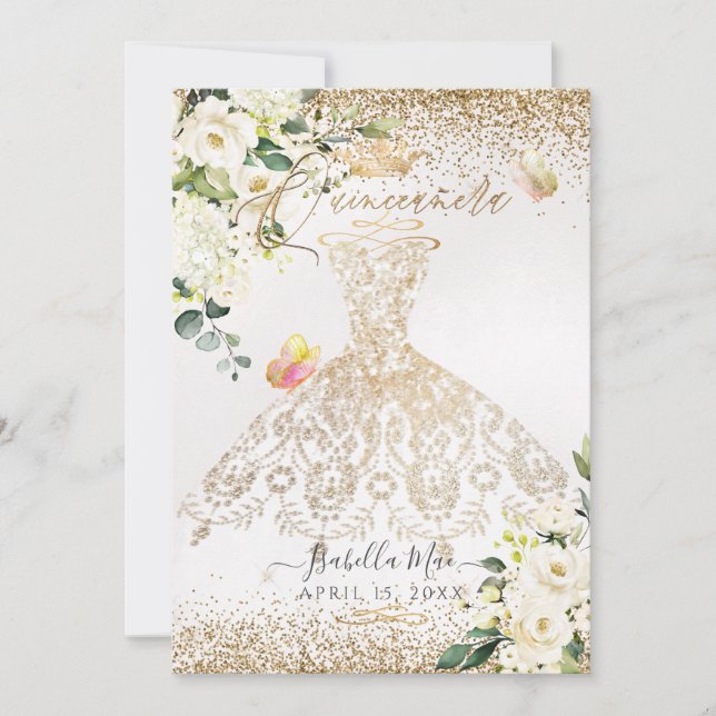 PixDezines Quinceanera Weißer Glitzer Gown Einladung (Vorderseite)