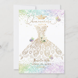 PixDezines Quinceanera White Gold Gown Butterflies Einladung