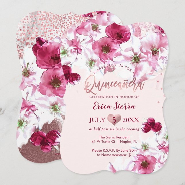 PixDezines Quinceñera/Dunkle Kirschblüten Einladung (Vorne/Hinten)