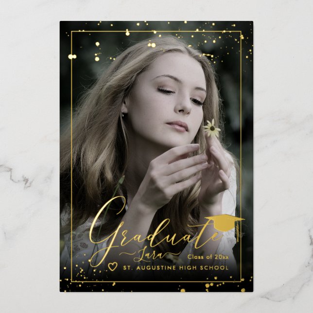 PixDezines Real Gold Foil Calligraphy Abschluss Folieneinladung (Vorderseite)