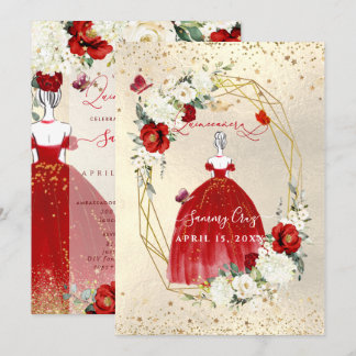 PixDezines Red Quinceanera H2 Alabaster Rose Einladung