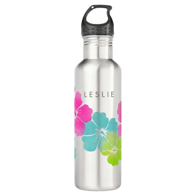 PixDezines Retro-Hibiskus Edelstahlflasche (Vorderseite)