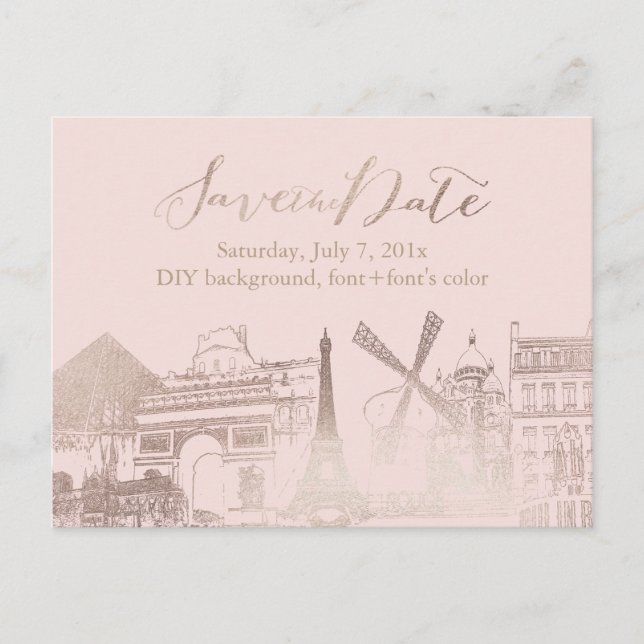 PixDezines/Rett Datum/Imitate Rosa Gold/Paris geze Ankündigungspostkarte (Vorderseite)