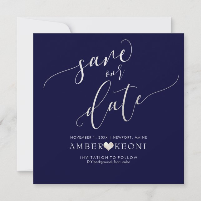 PixDezines Rett Datum/Imitate Silber/Navy Blau Save The Date (Vorderseite)