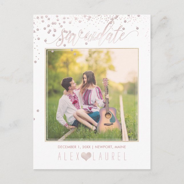 PixDezines Rette das Datum/Blush Pink Confetti Ankündigungspostkarte (Vorderseite)