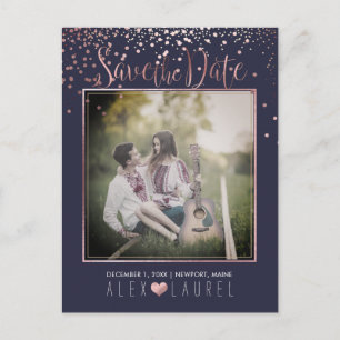 PixDezines Rette Date/Imitats Rose Gold Confetti Ankündigungspostkarte