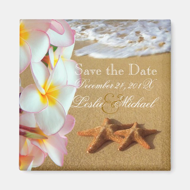 PixDezines Retten Datum, Strand+Plumeria+Starfish Magnet (Vorne)