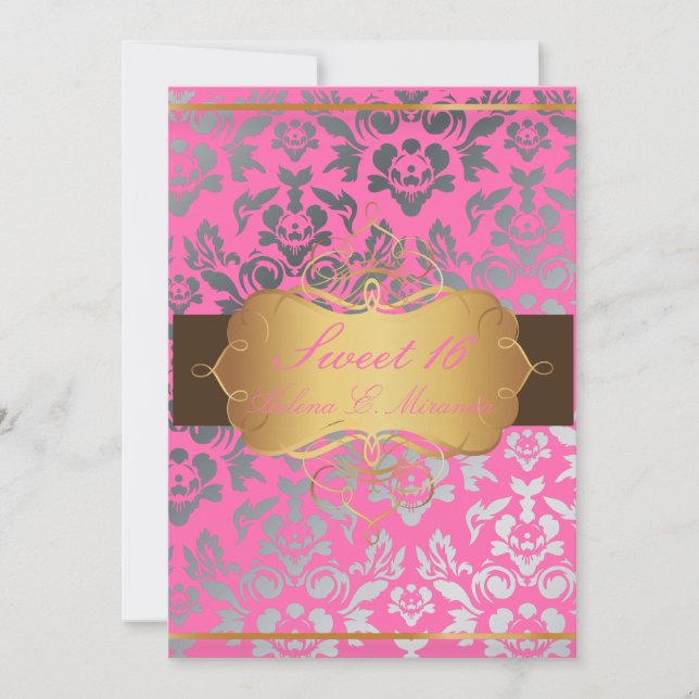 PixDezines Rosa Damask/Sweet 16/tiara/diy Farben Einladung (Vorderseite)