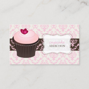 PixDezines rosa Herzkuchen+chantaler Damast Visitenkarte