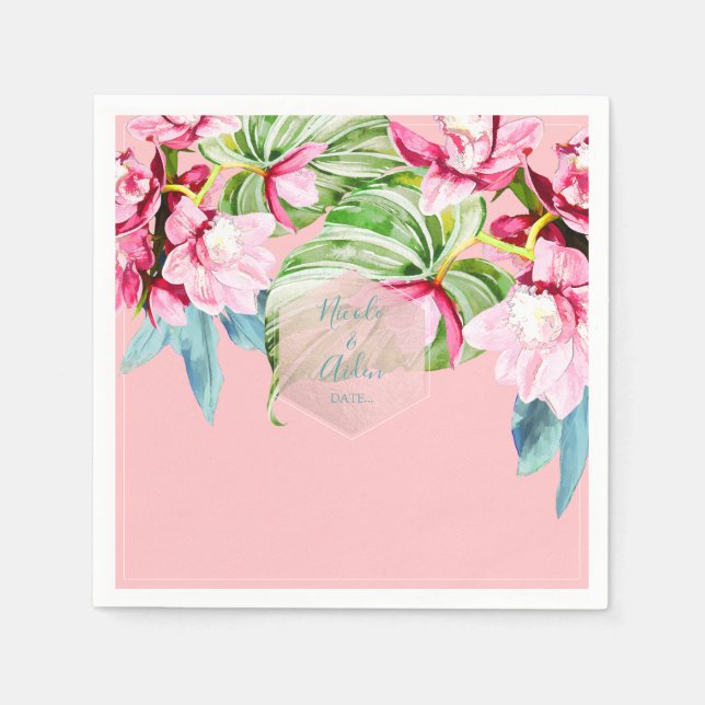 PixDezines Rosa Orchid+Palms Tropische Hochzeit Serviette (Vorderseite)