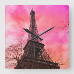 PixDezines rosa paris/eiffelturm Quadratische Wanduhr