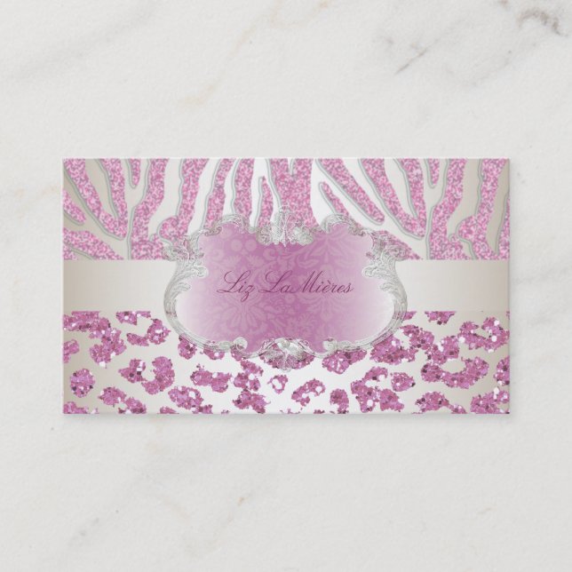 PixDezines rosa Zebra/Leopard/Champagner Visitenkarte (Vorderseite)