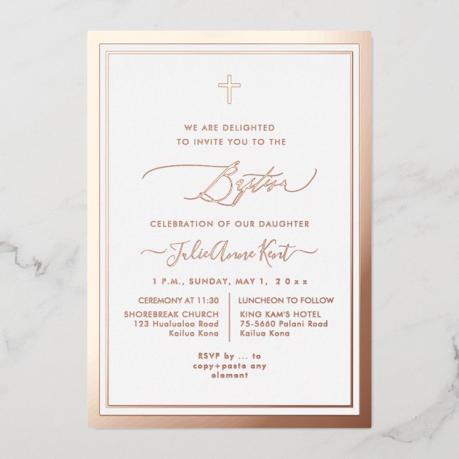 PixDezines Rose Gold Foil Taufe Folieneinladung (Vorderseite)