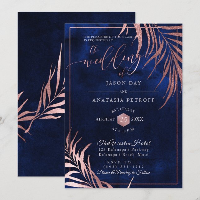 PixDezines Rose Gold Palm Fronds+H2O Marine Einladung (Vorne/Hinten)