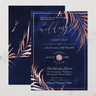 PixDezines Rose Gold Palmwedel+H2O Navy Einladung