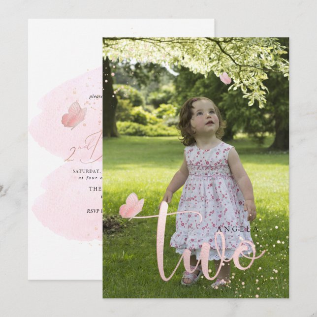 PixDezines Rose Gold Rosa Schmetterlinge Wasserfar Einladung (Vorne/Hinten)