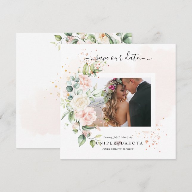 PixDezines Rose Wasserfarbenblush Creme Rettete D Save The Date (Vorne/Hinten)