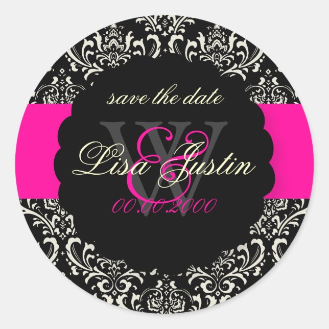 PixDezines Rossi Damask/Black+Hot Pink Runder Aufkleber (Vorderseite)