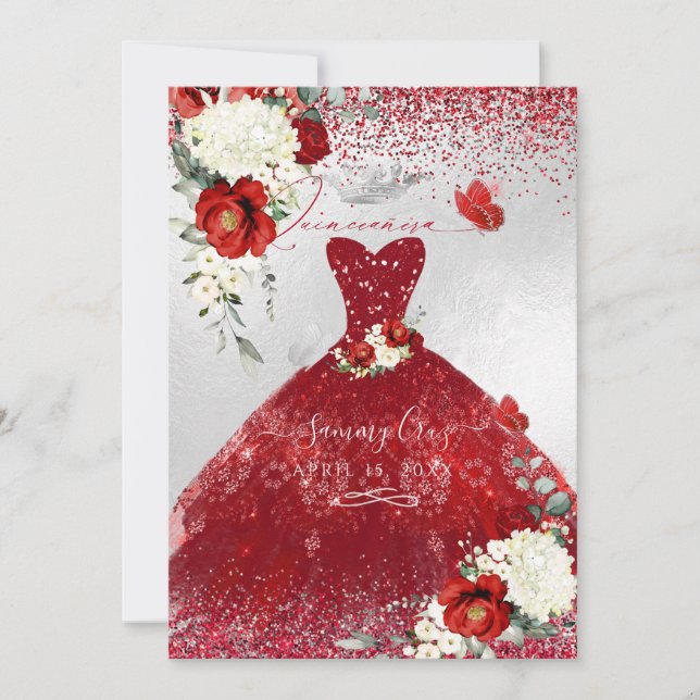 PixDezines Rote Rosen Quinceanera Kleid Einladung (Vorderseite)