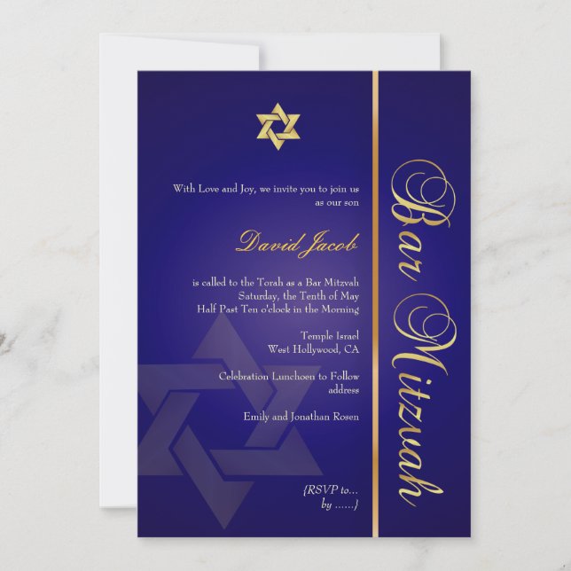 PixDezines ROYAL BLAUE/GOLD/BAR MITZVAH-INVITATION Einladung (Vorderseite)