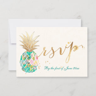 PixDezines RSVP Türkis Ananas/Gold Schrift Karte