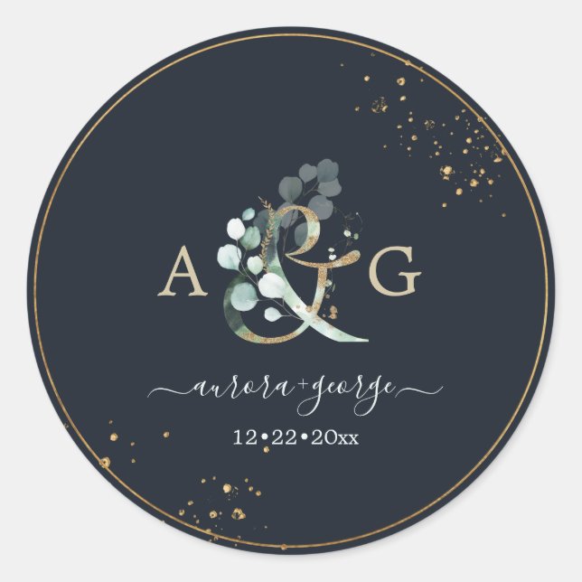 PixDezines Rustic Ampersand Eukalyptus Navy Blue Runder Aufkleber (Vorderseite)