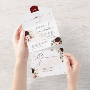 PixDezines Rustic Blush Burgund WasserfarbeBlumen All In One Einladung