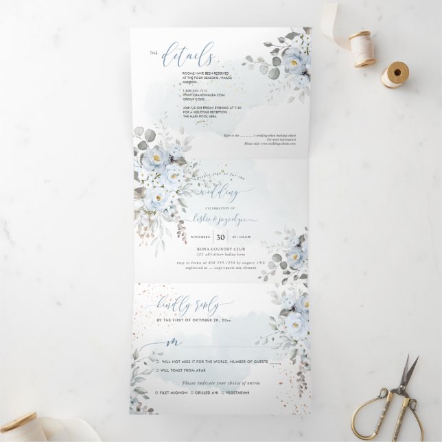 PixDezines Rustic Dusty Blue Rose Eukalyptus Dreifach Gefaltete Einladung (Innenseite)