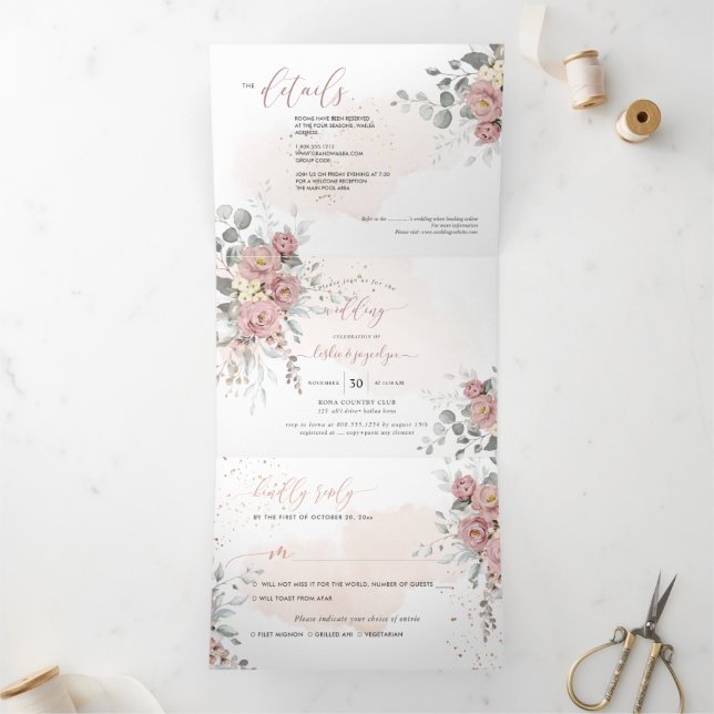 PixDezines Rustic Dusty Pink Roses Eukalyptus Dreifach Gefaltete Einladung (Innenseite)