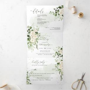 PixDezines Rustic Eucalyptus Alabaster Rose Tri-F Dreifach Gefaltete Einladung
