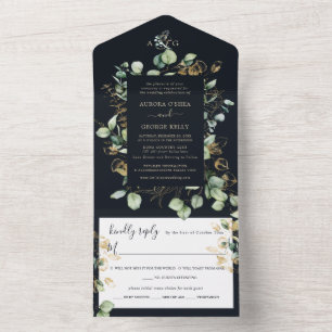PixDezines Rustic Eucalyptus Navy n Gold All In One Einladung