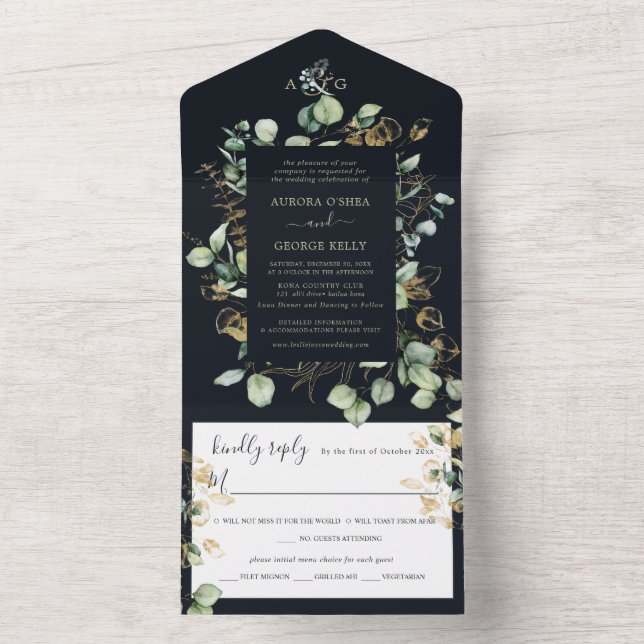 PixDezines Rustic Eucalyptus Navy n Gold All In One Einladung (Innen Boden)
