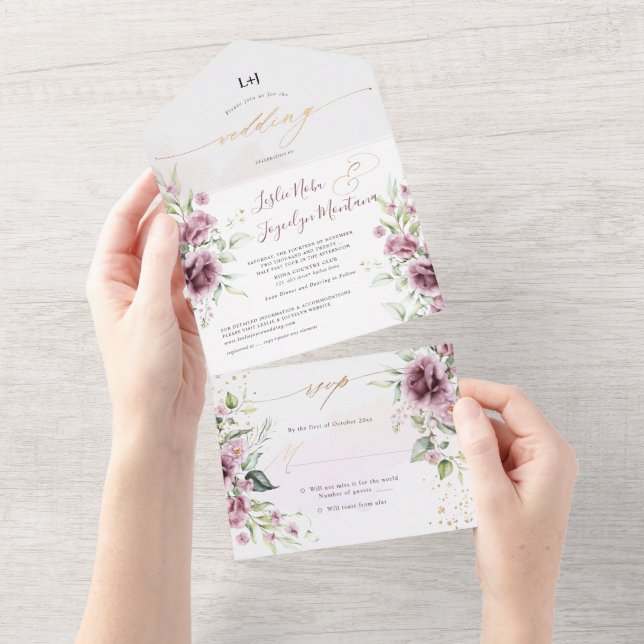 PixDezines Rustic Mauve Pink Roses All In One Einladung (Abreißen)