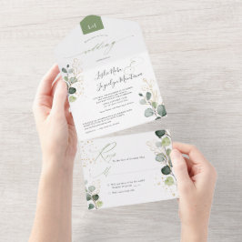 PixDezines Rustic Watercolor Green Gold Eukalyptus All In One Einladung