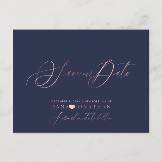 PixDezines Save the Date/Rose Gold Script Postkarte (Vorderseite)