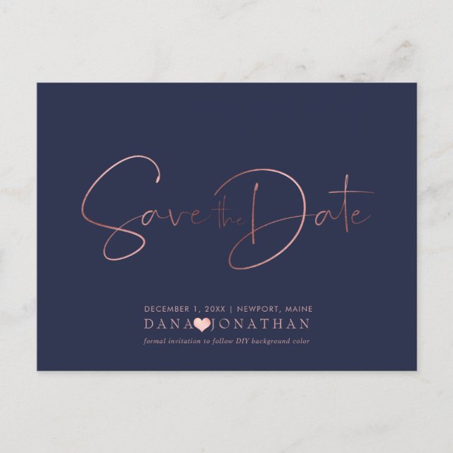 PixDezines Save the Date/Rose Gold Script Postkarte (Vorderseite)